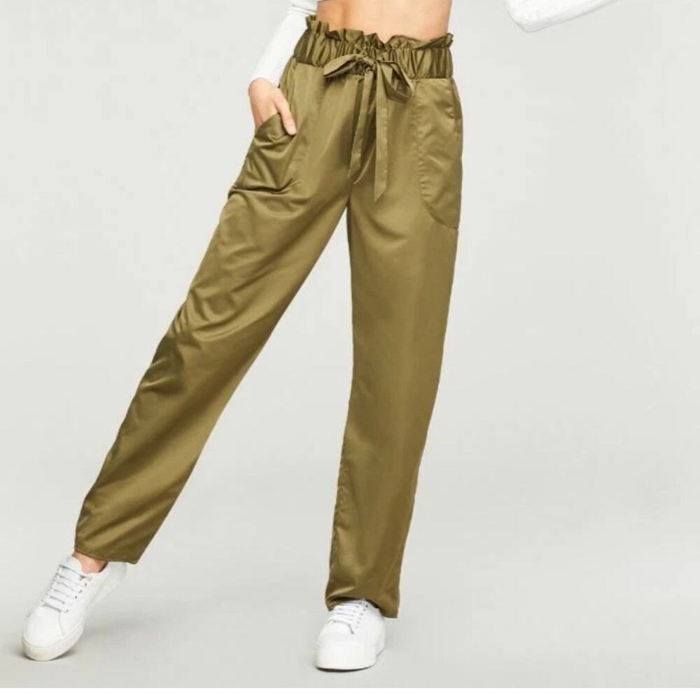 MILLY Satin Paperbag Gathered Kori Pants Trousers Small Green Straight Leg